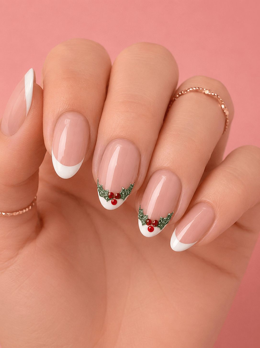 Nude French Holly Glitter Nails Nude French Holly Glitter Nails β Simple Short Christmas Nails 2026