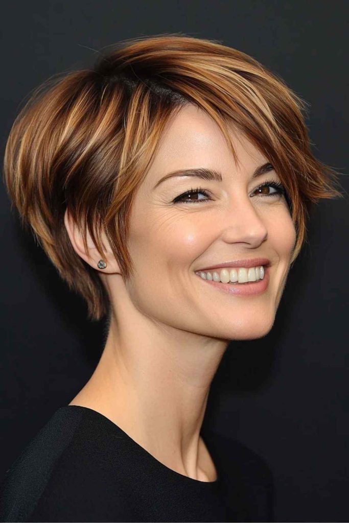 Textured Brown Pixie with Blonde Highlights — Winter Haircuts for Women Over 40