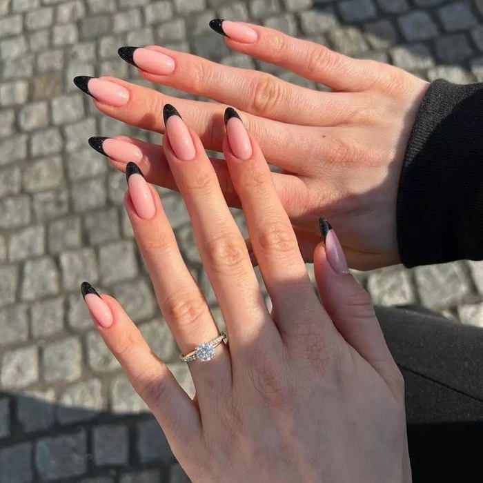 Sheer Pink Stilettos With Black Glitter French Tips Sheer Pink Stilettos With Black Glitter French Tips β Winter Stiletto Nails