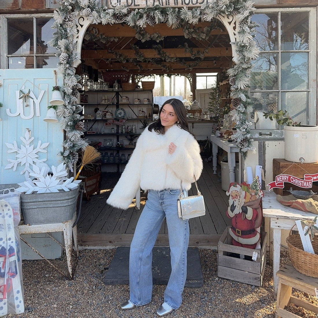 White Faux Fur Jacket with Wide-Leg Jeans — Snow Day Outfits