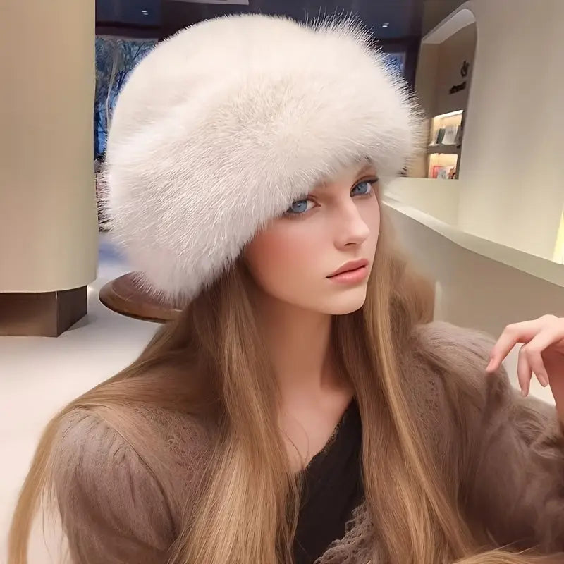 Plush White Fur Beret with Brown Fluffy Cardigan Plush White Fur Beret with Brown Fluffy Cardigan β Fur Hat Outfits