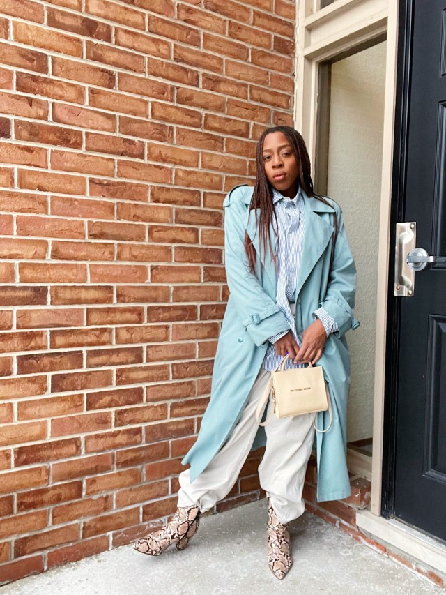 Mint Green Trench Coat with Light Blue Shirt Mint Green Trench Coat with Light Blue Shirt β Winter to Spring Transition Outfits