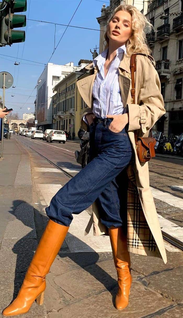 Polished City Style: Tan Leather Boots with Trench Coat and Jeans Polished City Style: Tan Leather Boots with Trench Coat and Jeans โ Suede Boots Outfits