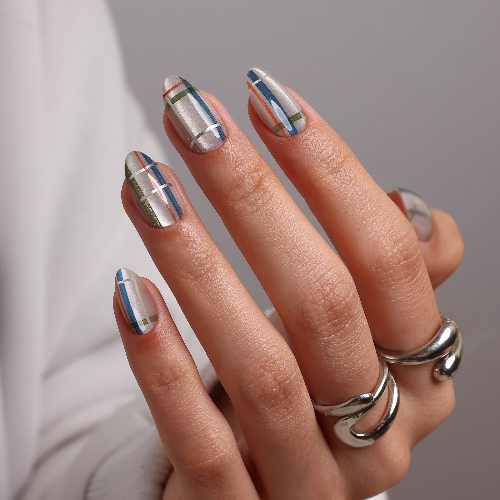 Silver Plaid Pattern Almond Nails Silver Plaid Pattern Almond Nails β New Years Acrylic Nails 2027
