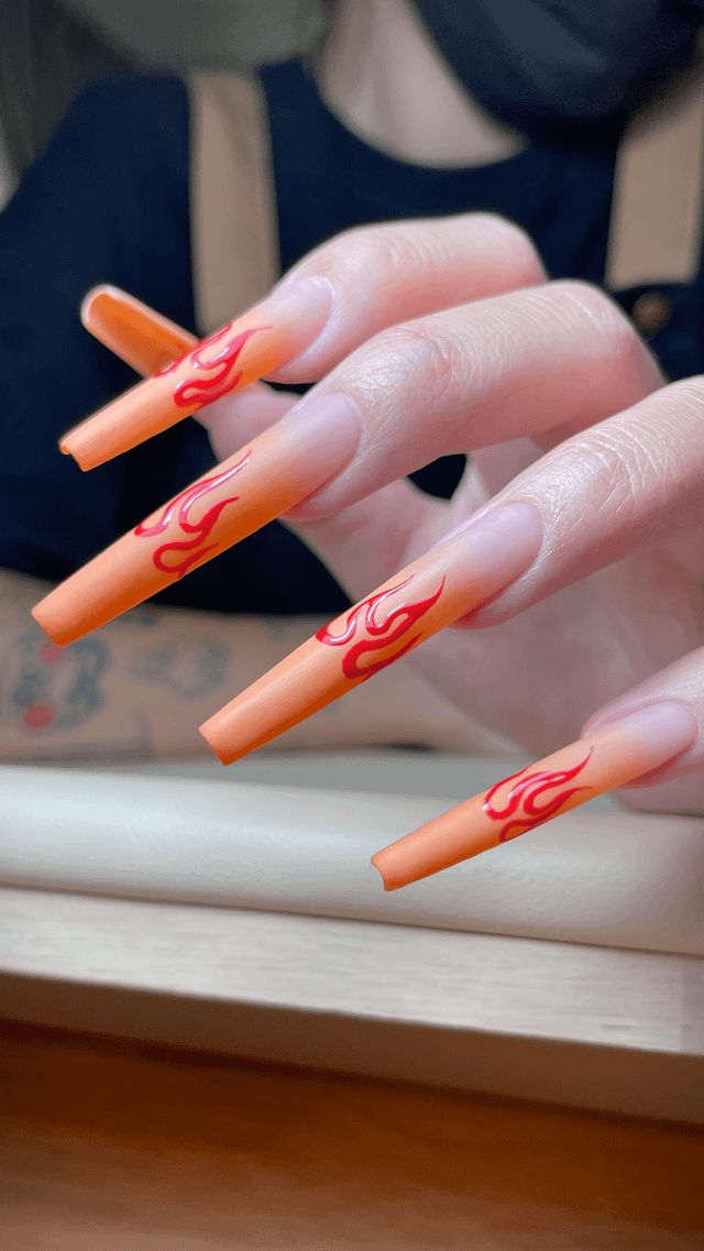 Red And Orange Flame Art Visual Idea — Long Winter Coffin Nails