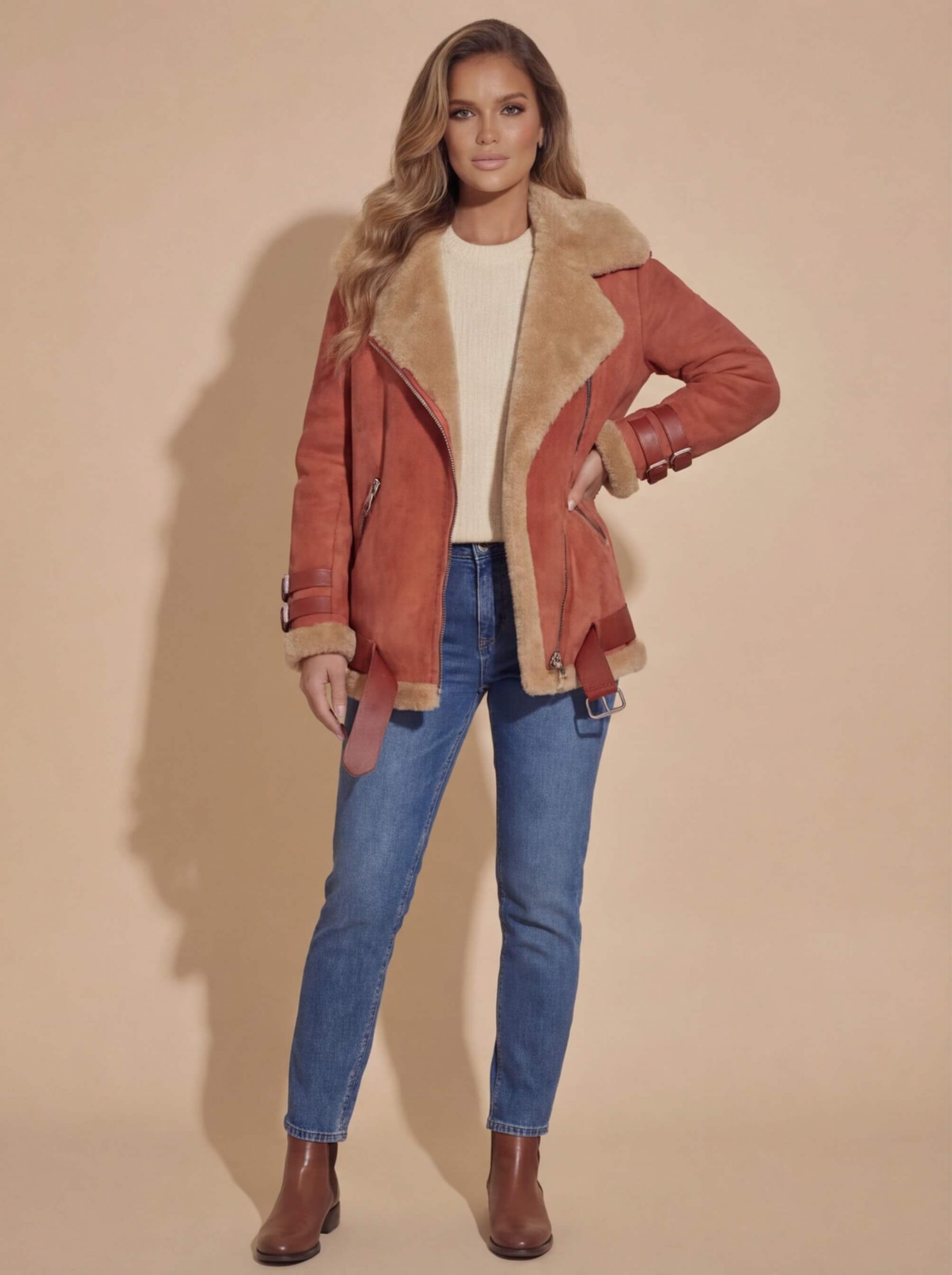 Rust Suede Biker Jacket with Shearling Rust Suede Biker Jacket with Shearling β Winter Coats for Women