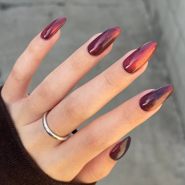 Deep Red Orange Gold Shift Cat-Eye Stilettos Deep Red Orange Gold Shift Cat-Eye Stilettos β Velvet Nails