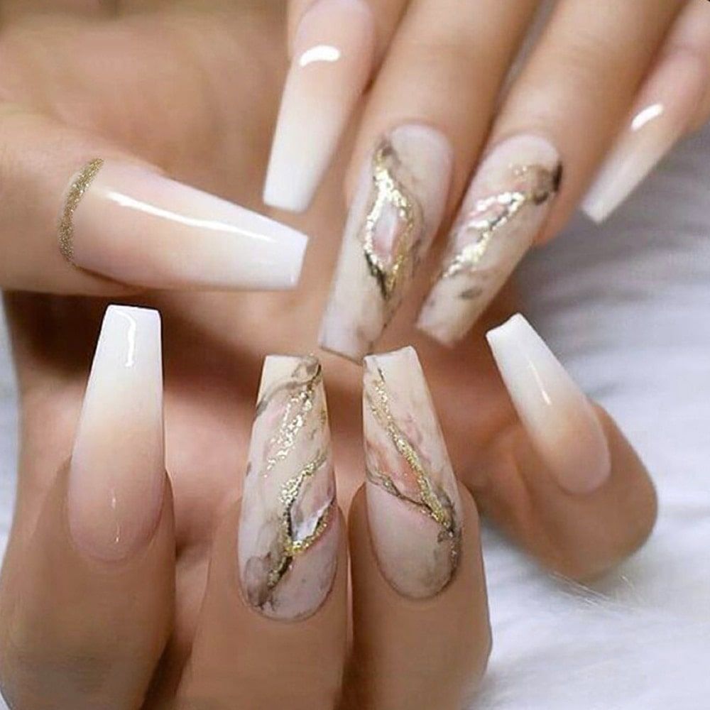 Ombre Coffin with Marble and Gold Foil — Winter Marble Nails