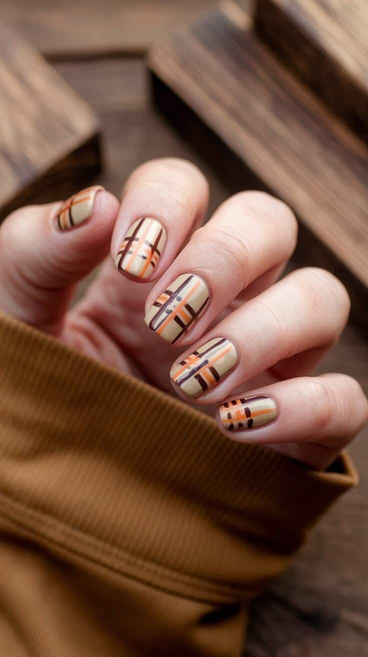 Beige Orange Brown Plaid Accents Beige Orange Brown Plaid Accents β Winter Plaid Nails