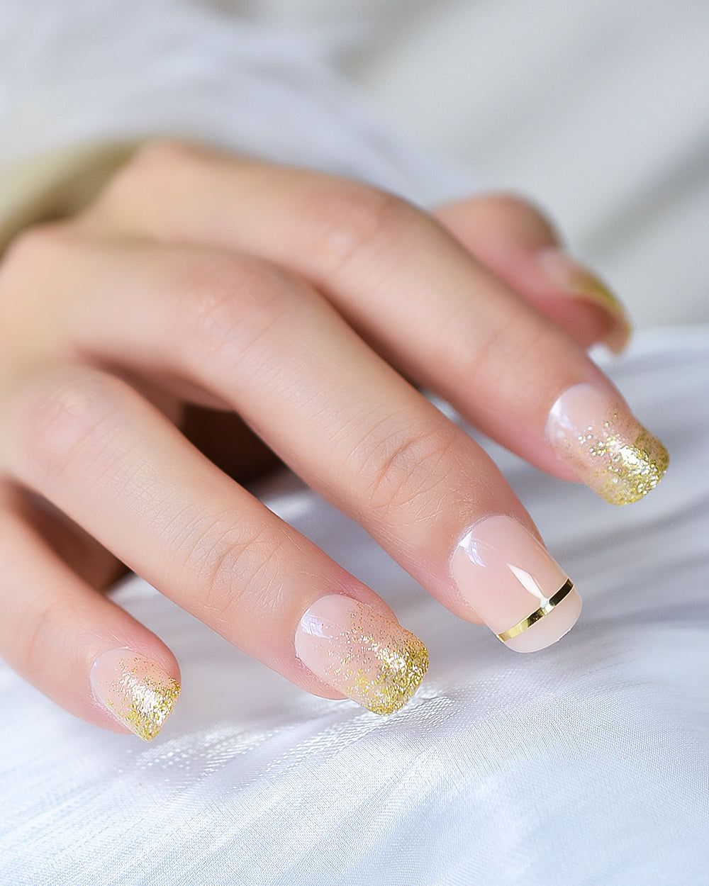 Sheer Pink Gold Glitter Tip Square Nails Sheer Pink Gold Glitter Tip Square Nails β New Years Nail Designs 2027