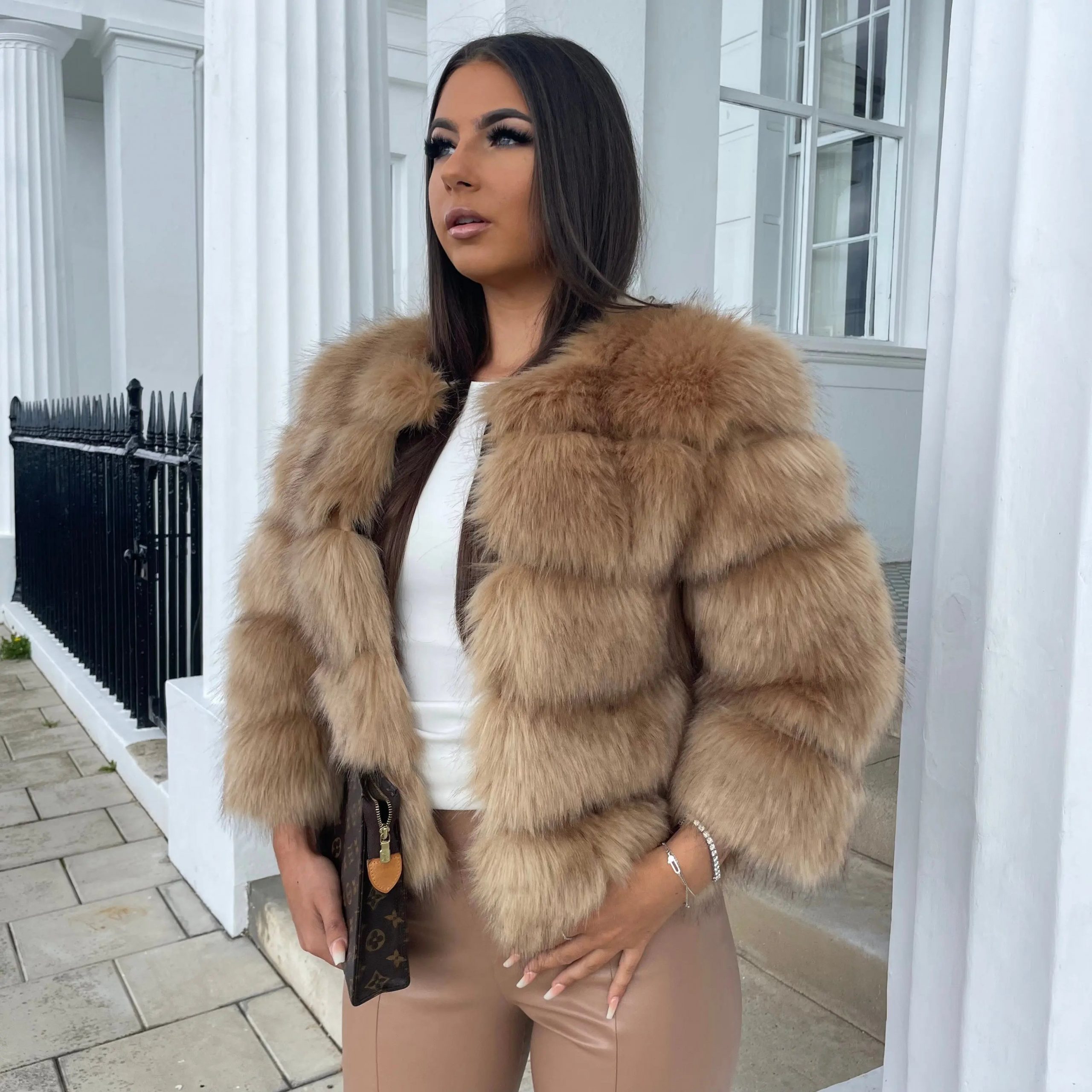 Dressy Casual Tan Cropped Faux Fur Jacket with Leather-Look Trousers Dressy Casual Tan Cropped Faux Fur Jacket with Leather-Look Trousers โ Faux Fur Coat Outfits