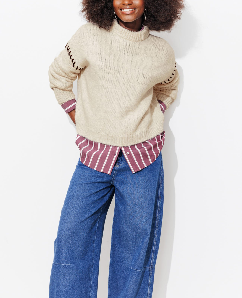 Beige Knit Sweater with Striped Shirt and Wide-Leg Jeans Beige Knit Sweater with Striped Shirt and Wide-Leg Jeans β Warm Winter Outfits