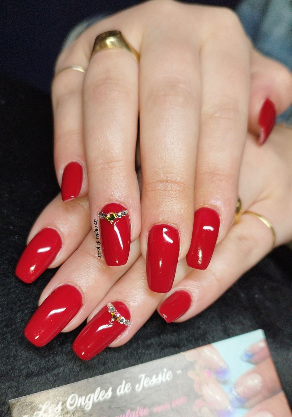 Vibrant Red With Gem Accents Vibrant Red With Gem Accents β Winter Rhinestone Nails