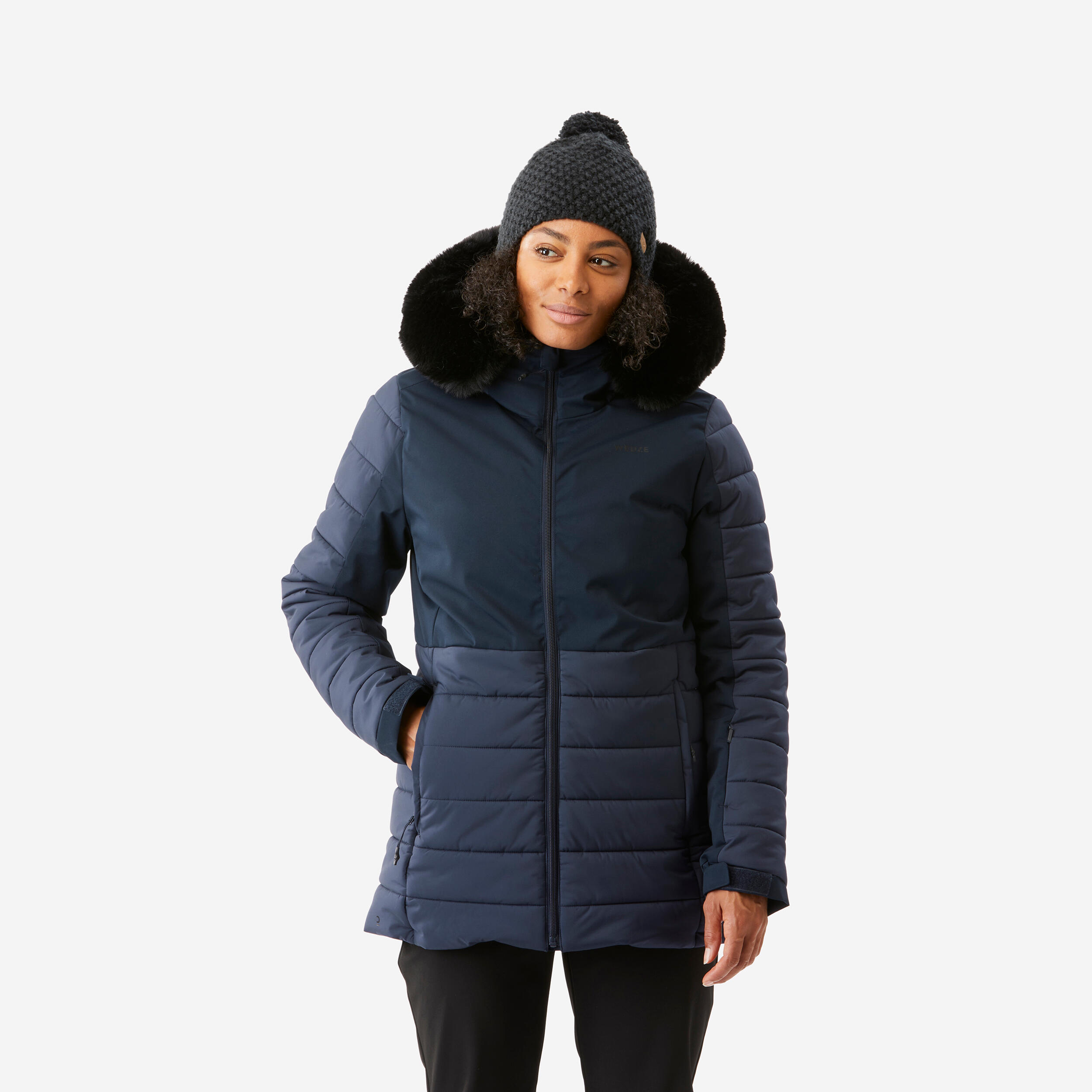 Navy Puffer Jacket with Faux Fur Hood and Beanie for Cozy Snowboarding Navy Puffer Jacket with Faux Fur Hood and Beanie for Cozy Snowboarding β Snowboarding Outfits