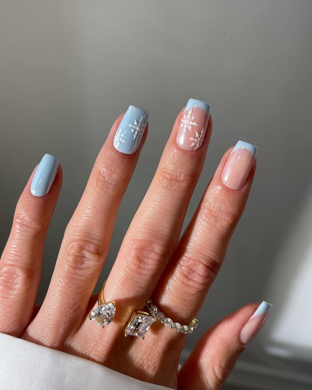 Winter Snowflake Light Blue French Tips Winter Snowflake Light Blue French Tips β Icy Blue Nails