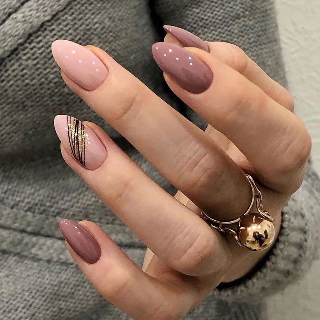 Mauve Nails with Gold Glitter Accents Mauve Nails with Gold Glitter Accents β Medium Winter Almond Nails