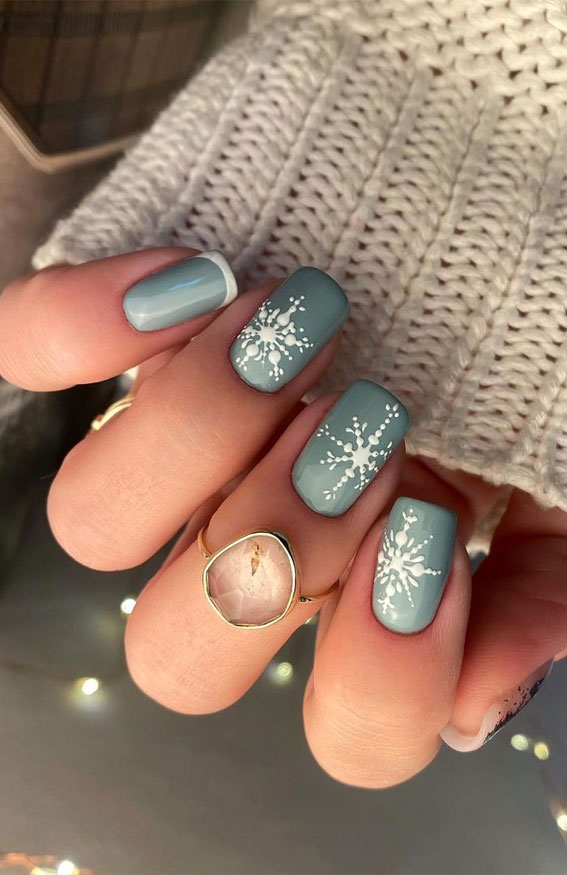Muted Teal Snowflake French Tip Nails Muted Teal Snowflake French Tip Nails β Winter Acrylic Nails