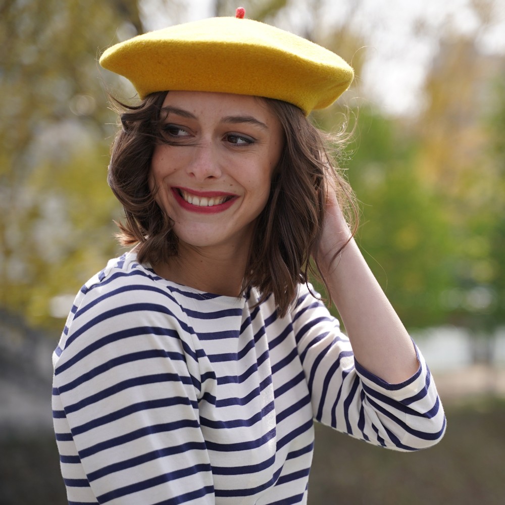 Bold Yellow Beret with Red Accent Contrasts a Navy Striped Top Bold Yellow Beret with Red Accent Contrasts a Navy Striped Top β Beret Outfits