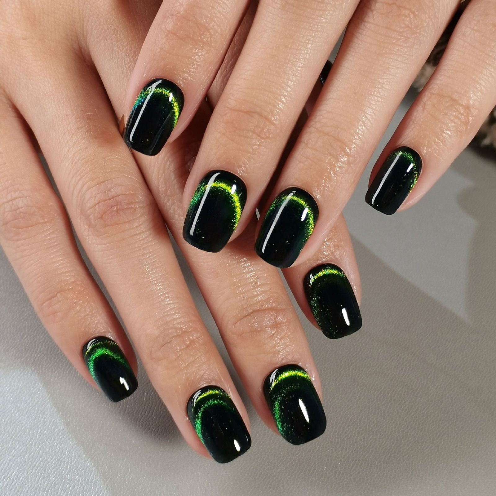 Short Square Black with Green Cat Eye — Emerald Green Nails