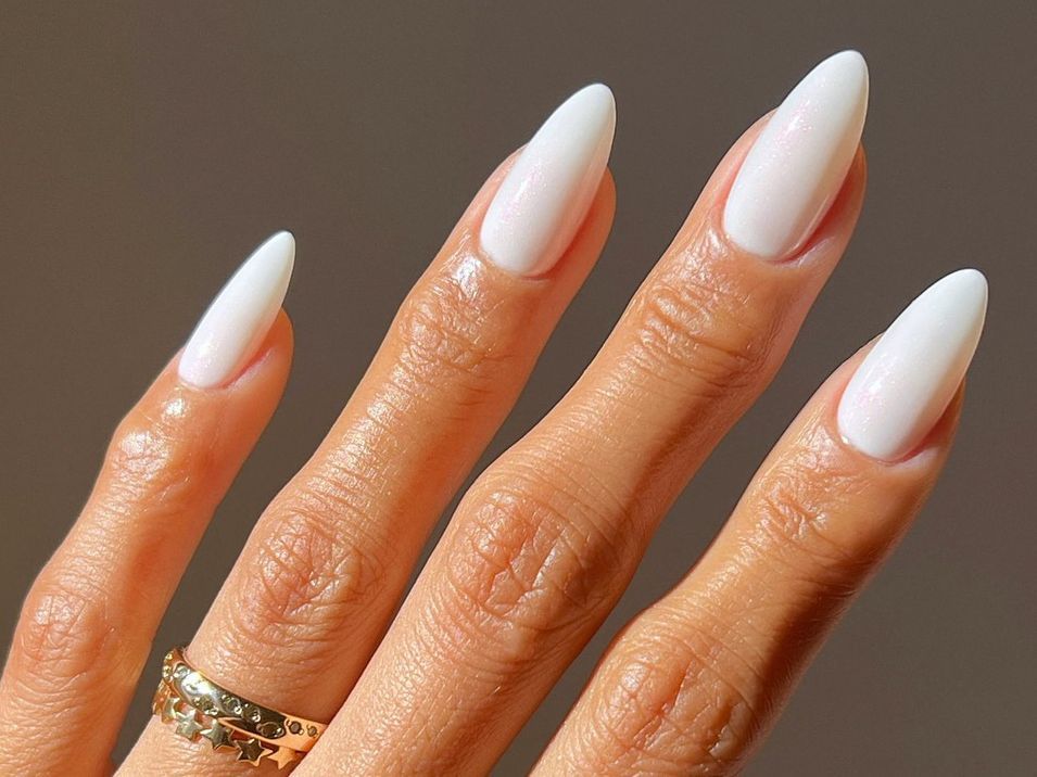 Long Almond Milky White with Pearlescent Shimmer Long Almond Milky White with Pearlescent Shimmer β Milky White Nails