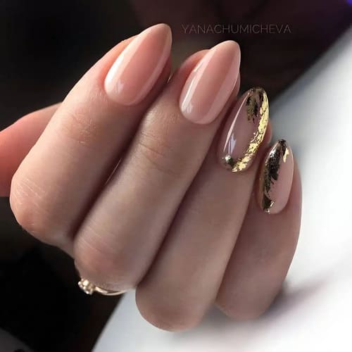 Sheer Nude with Gold Foil Almonds Sheer Nude with Gold Foil Almonds โ Short Winter Almond Nails