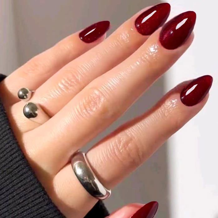 Deep Burgundy Shimmer Almond Nails Deep Burgundy Shimmer Almond Nails โ Winter Almond Nails