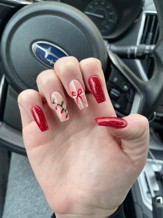Christmas Lights and Bow Medium Coffins — Red and Green Christmas Nails 2026
