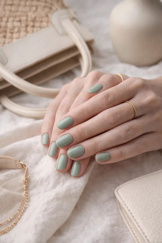 Muted Sage Green Glossy Short Oval Nails — Winter Nail Colors for Pale Skin