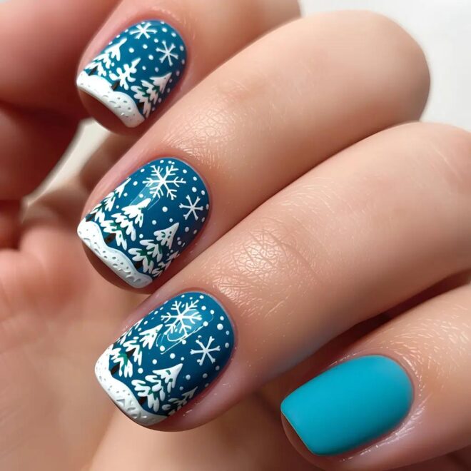 Teal Winter Scene Art Nails — Short Winter Square Nails