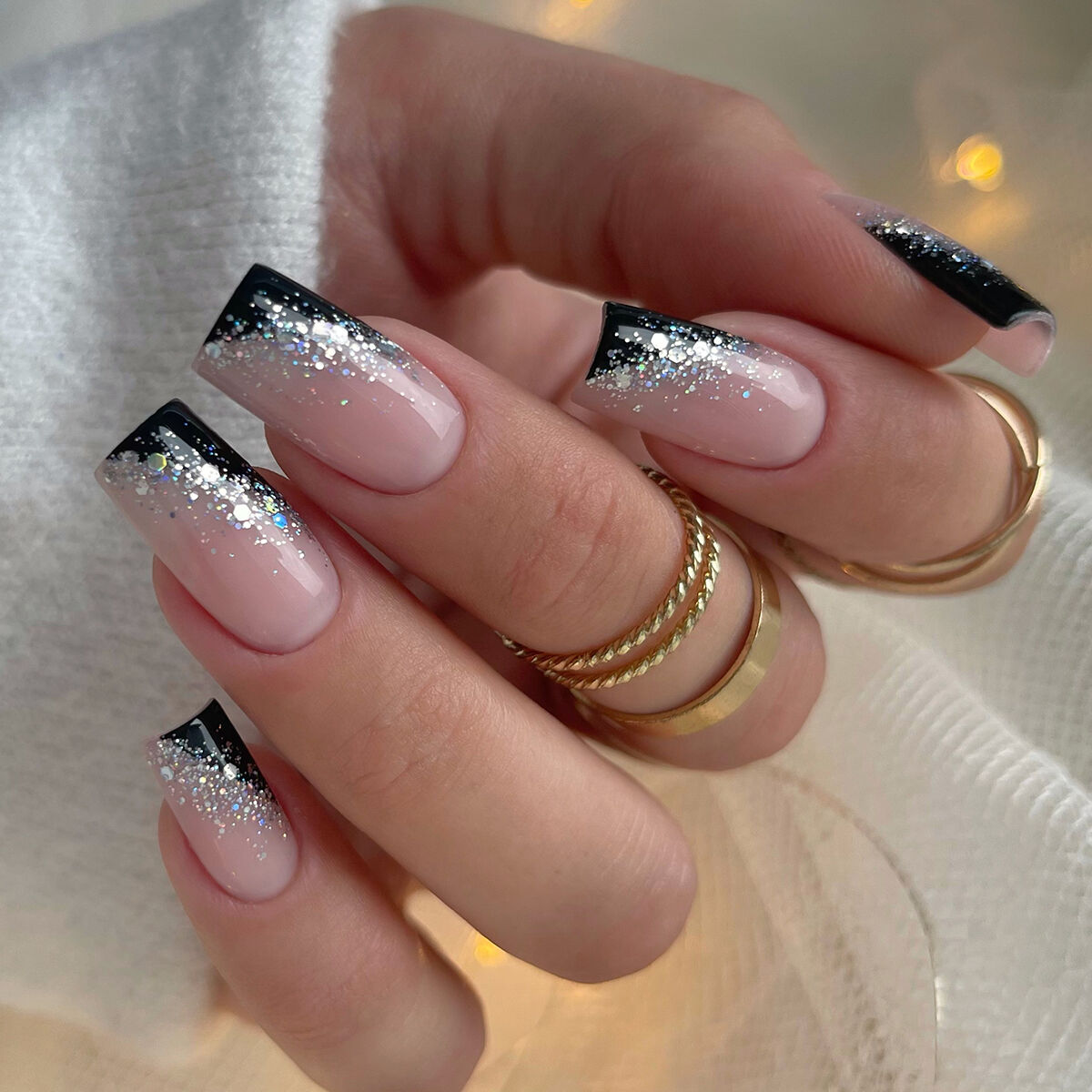 Silver Glitter Gradient Black French Silver Glitter Gradient Black French β Winter Glitter Nails