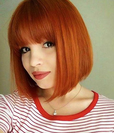 Chin Length Bob With Blunt Bangs Chin Length Bob With Blunt Bangs β Winter Copper Hair Color