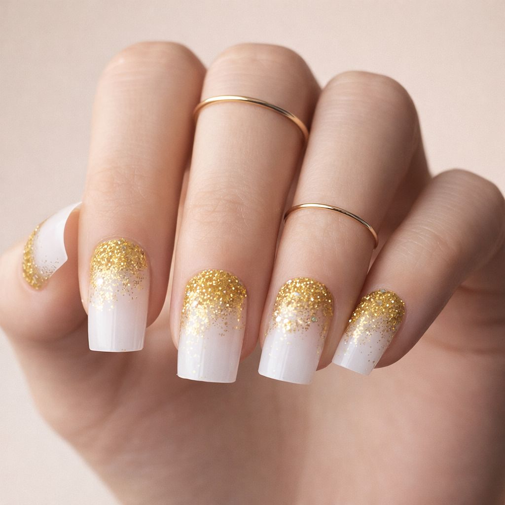 White Base Gold Glitter Gradient Visual Idea White Base Gold Glitter Gradient Visual Idea β New Years Square Nails 2027