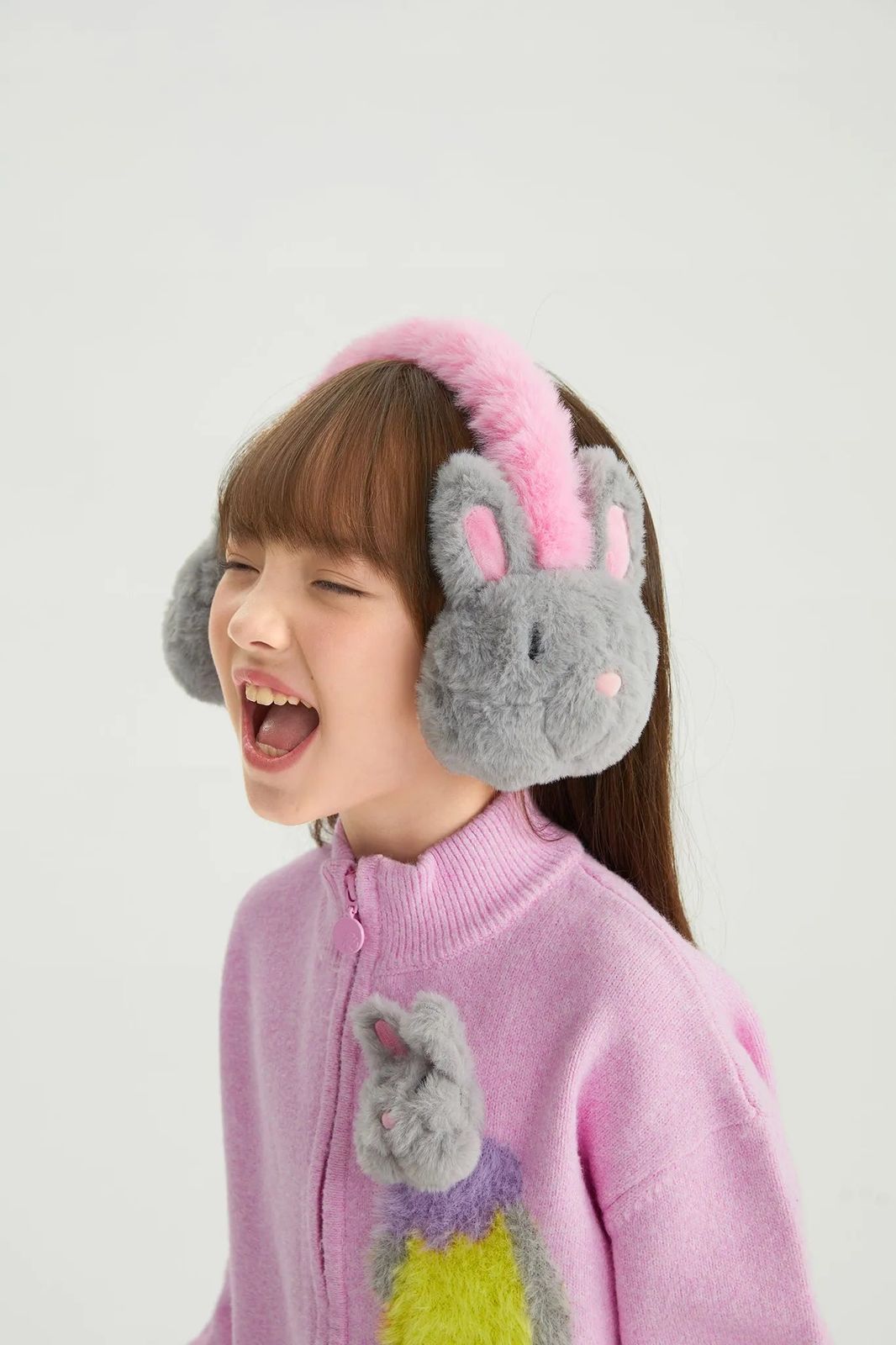 Adorable Pink and Grey Bunny Earmuffs with a Knit Sweater — Earmuffs Outfits