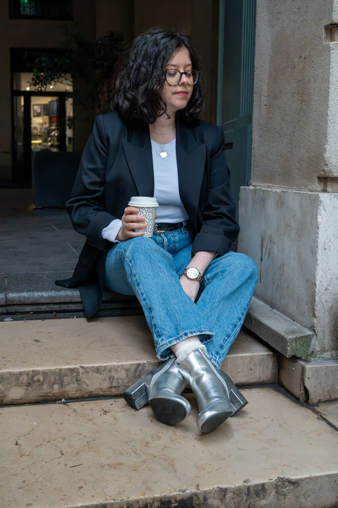 Silver Block Heel Boots with a Black Blazer Silver Block Heel Boots with a Black Blazer β Ankle Boots Outfits