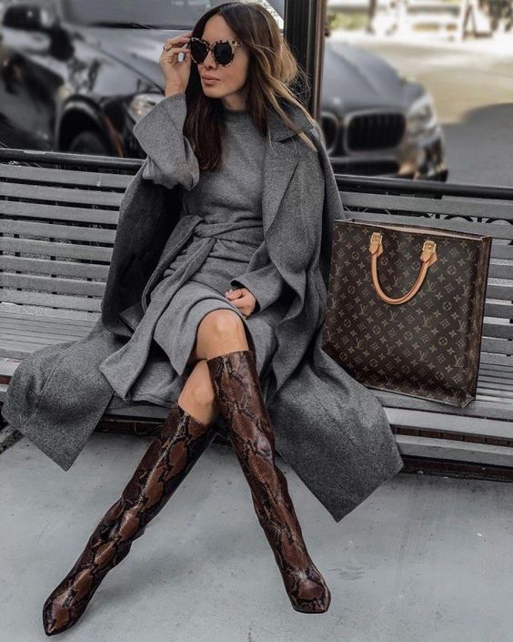 Grey Car Coat with Matching Dress and Snakeskin Boots Grey Car Coat with Matching Dress and Snakeskin Boots โ Car Coat Outfits