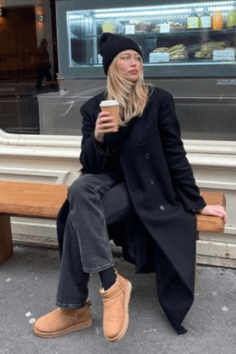Long Black Coat with Grey Wide-Leg Jeans and Tan Ugg Boots Long Black Coat with Grey Wide-Leg Jeans and Tan Ugg Boots β Ugg Slippers Outfits