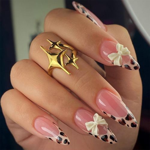 Sheer Pink Base Leopard Print White Bows Visual Idea Sheer Pink Base Leopard Print White Bows Visual Idea β Winter Bow Nails