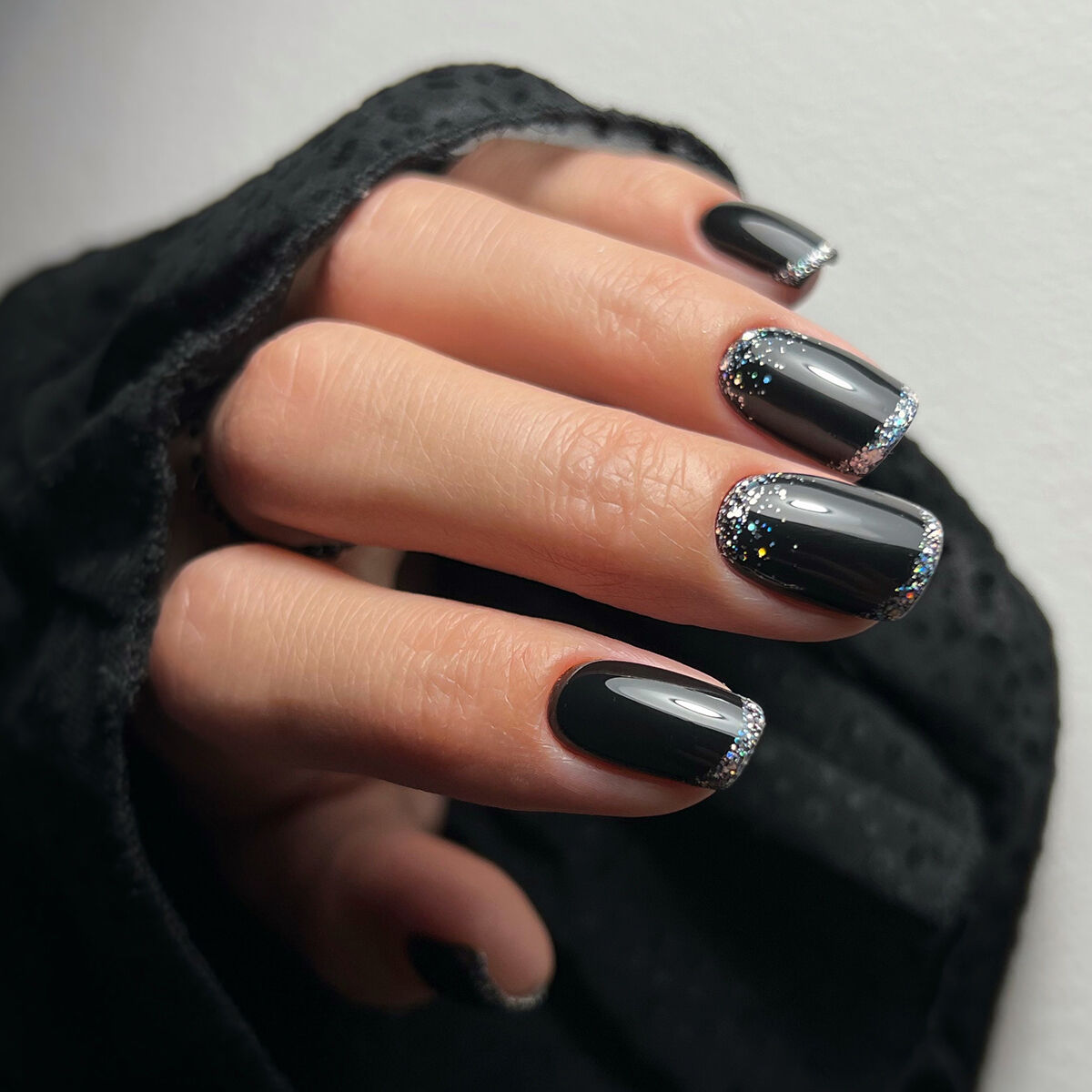 Glossy Black French Tips With Silver Glitter — Winter Black Nails