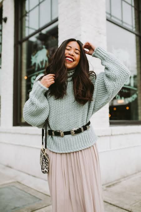 Light Blue Chunky Knit Sweater with Flowing Beige Skirt — January Outfits