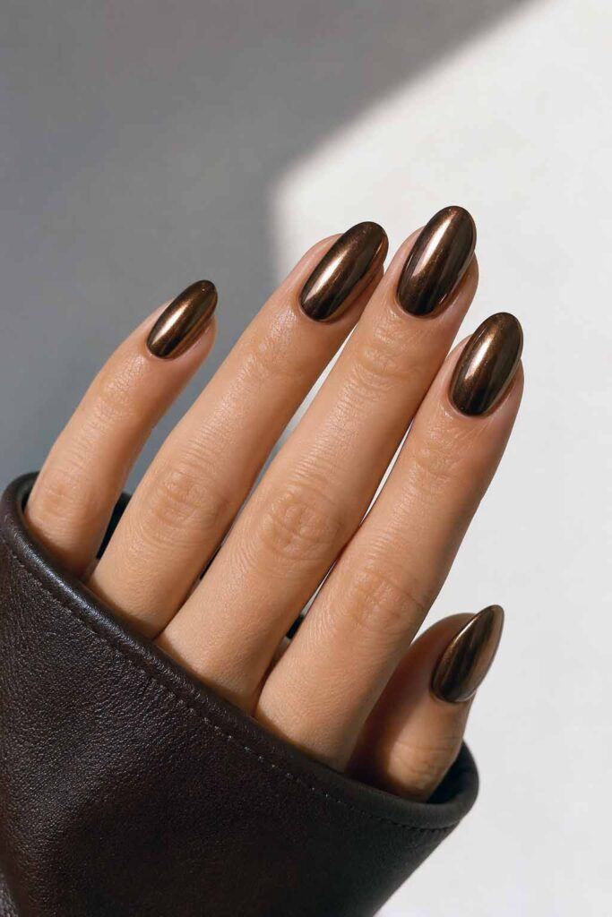 Metallic Chrome Deep Brown Almond Nails Metallic Chrome Deep Brown Almond Nails β Mocha Nails