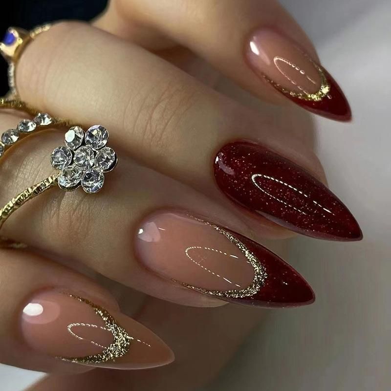 Glitter Red and Gold French Almond Nails — New Years Almond Nails 2027
