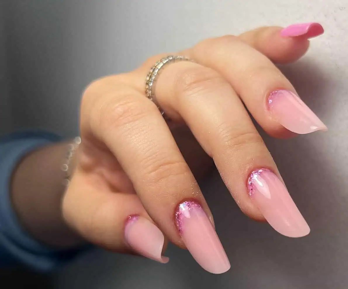 Pale Pink Gold Glitter French Tips Pale Pink Gold Glitter French Tips β Minimalist New Years Nails 2027