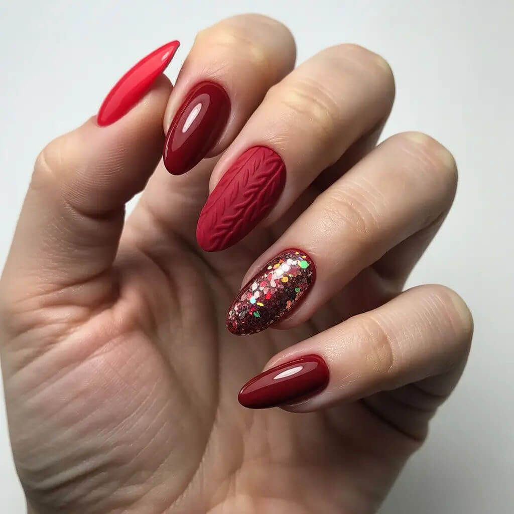 Deep Red Cable Knit Texture Deep Red Cable Knit Texture β Winter Red Nails