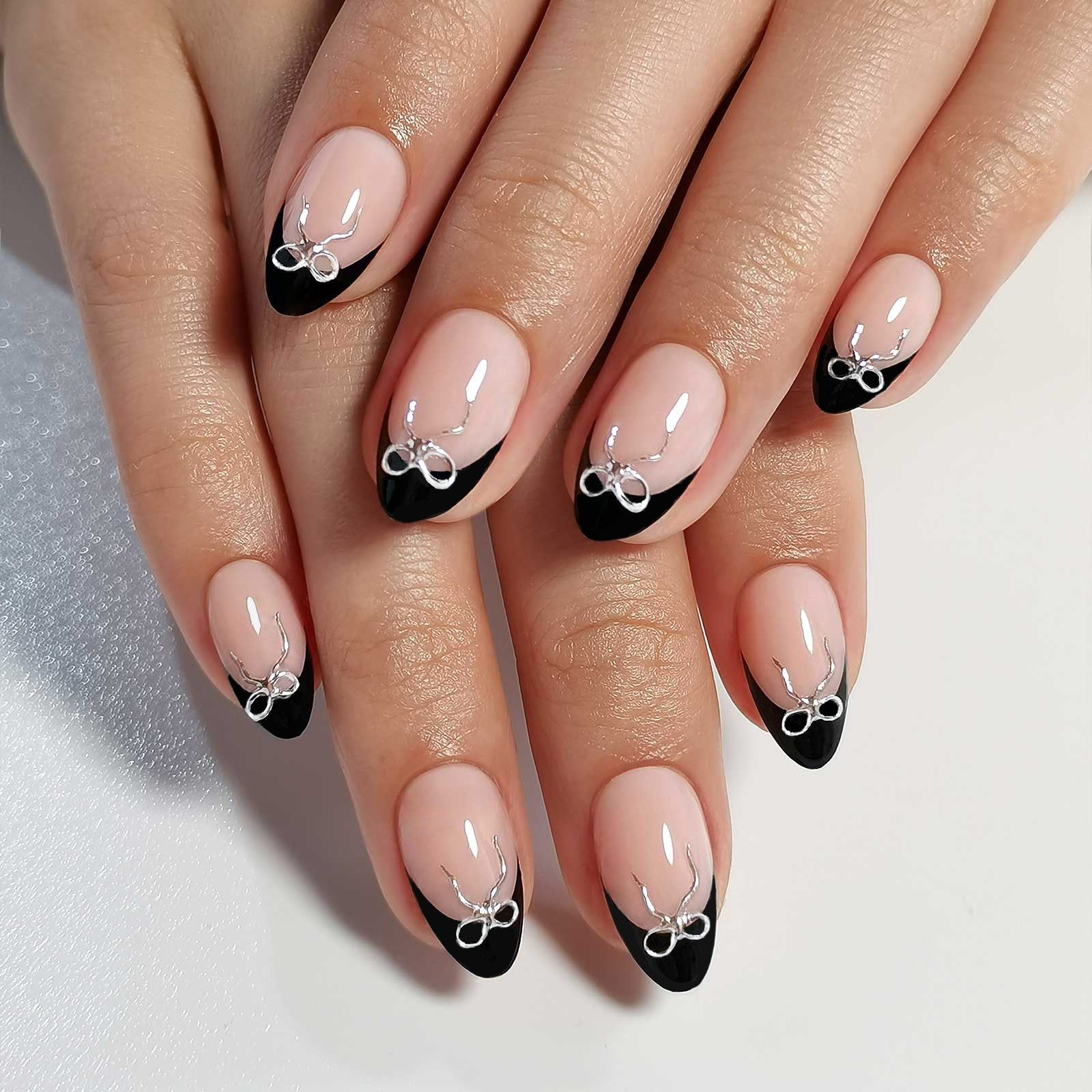 Silver Bows On French Tips Visual Idea Silver Bows On French Tips Visual Idea β Winter Bow Nails