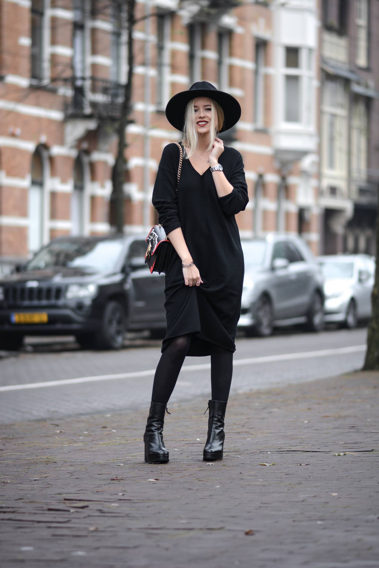 Knit Dress and Platform Boots with Wide-Brim Hat — All Black Winter Outfits