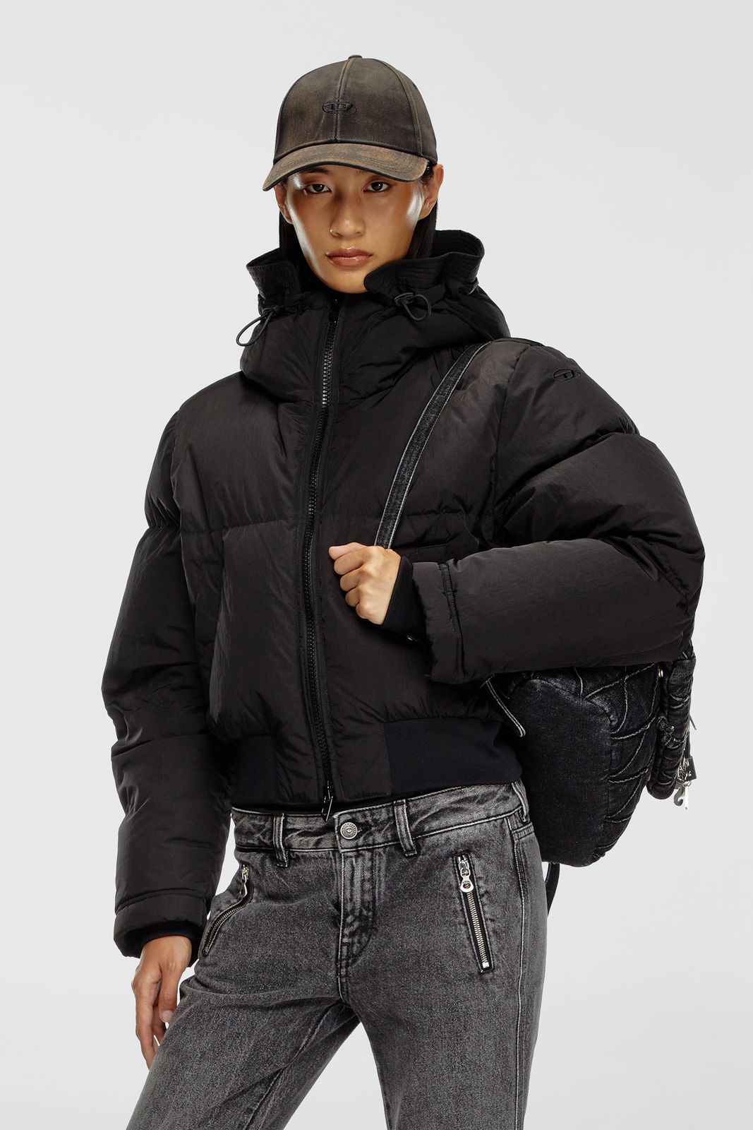 Cropped Black Puffer Jacket with Grey Wash Denim Jeans — Winter Jackets for Women