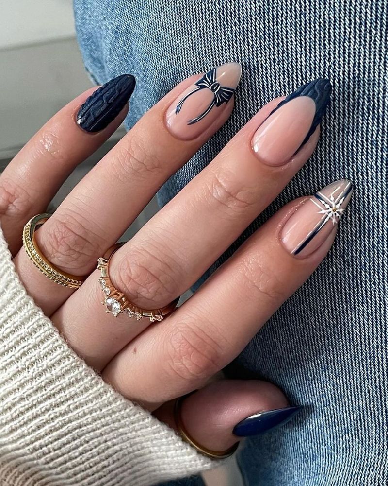 Navy Cable Knit Bow Almond Nails Navy Cable Knit Bow Almond Nails โ Winter Formal Nails