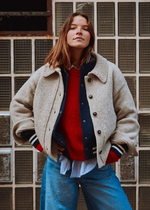 Sporty Layers: Varsity Jacket Over Sweater and Shirt — Winter Layering Outfits