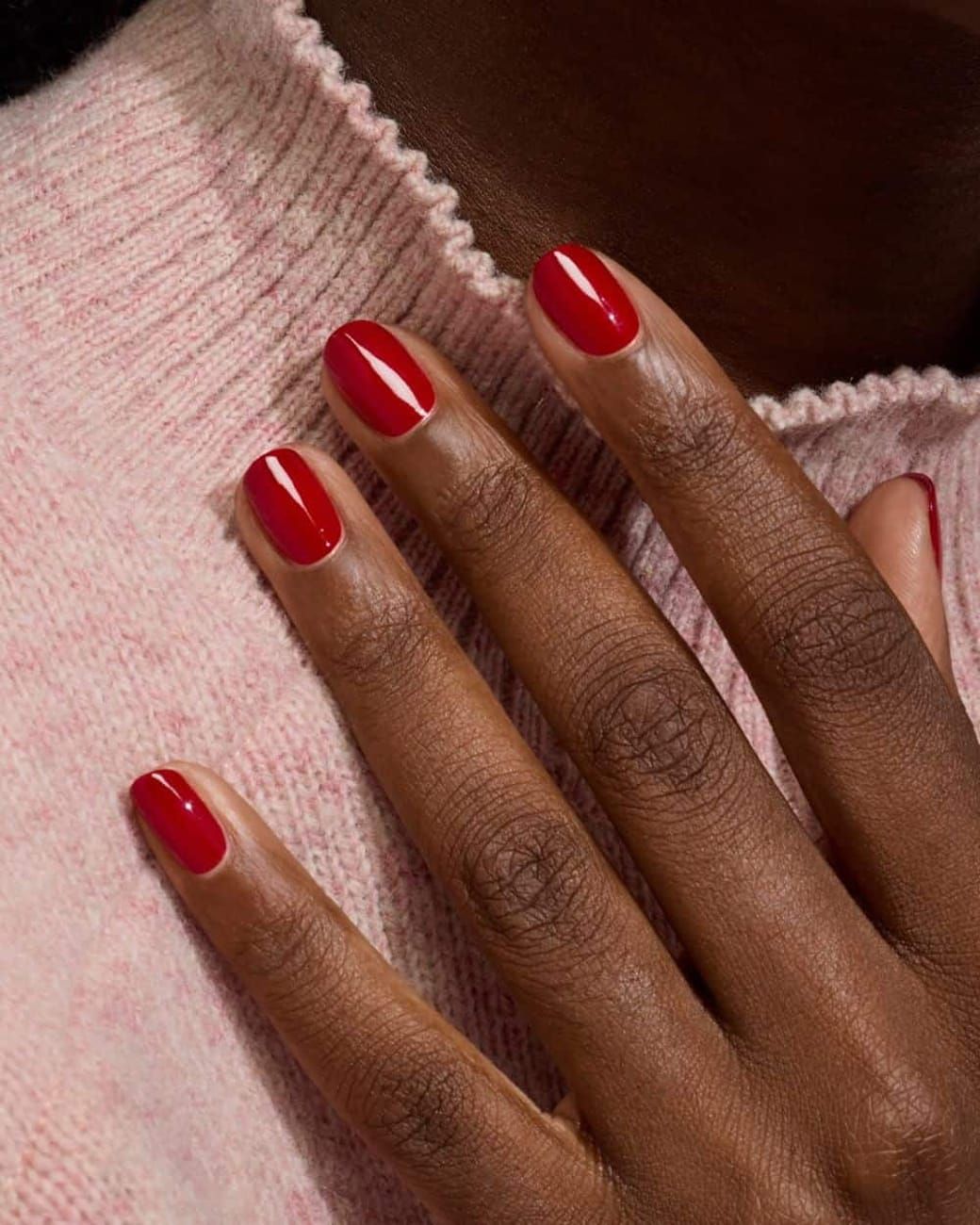 Vibrant Cool-Toned Red Glossy Nails — Winter Nail Colors for Olive Skin