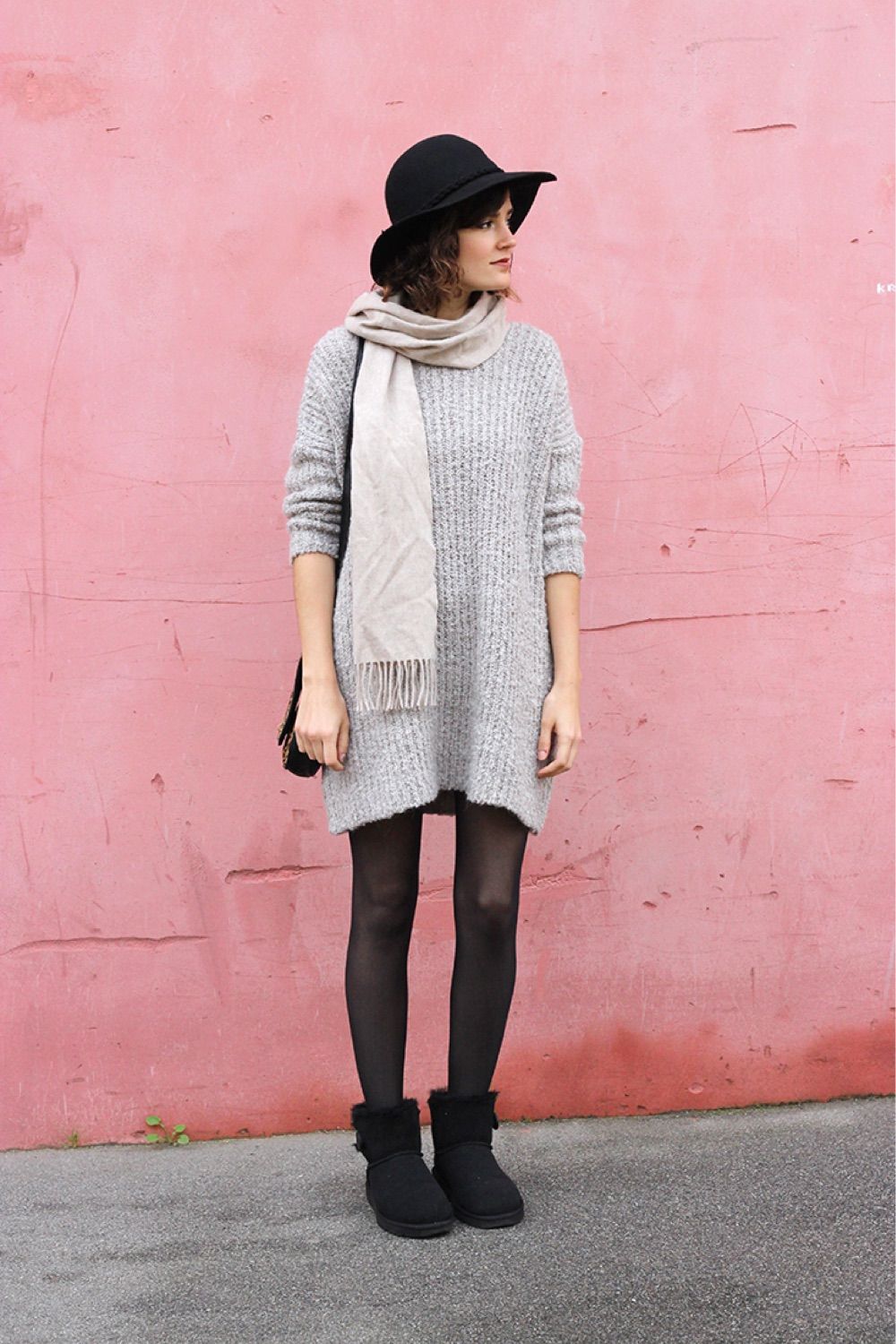 Black Uggs with Sweater Dress and Fedora — Ugg Boots Outfits